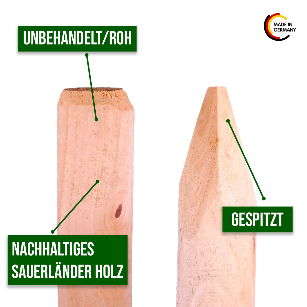 Naturbelassener Baumpfahl aus nachhaltigem Sauerländer Holz, unbehandelt und gespitzt