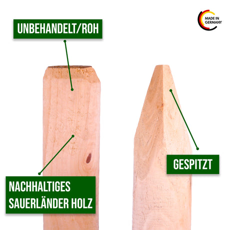 Naturbelassener Baumpfahl aus nachhaltigem Sauerländer Holz, unbehandelt und gespitzt