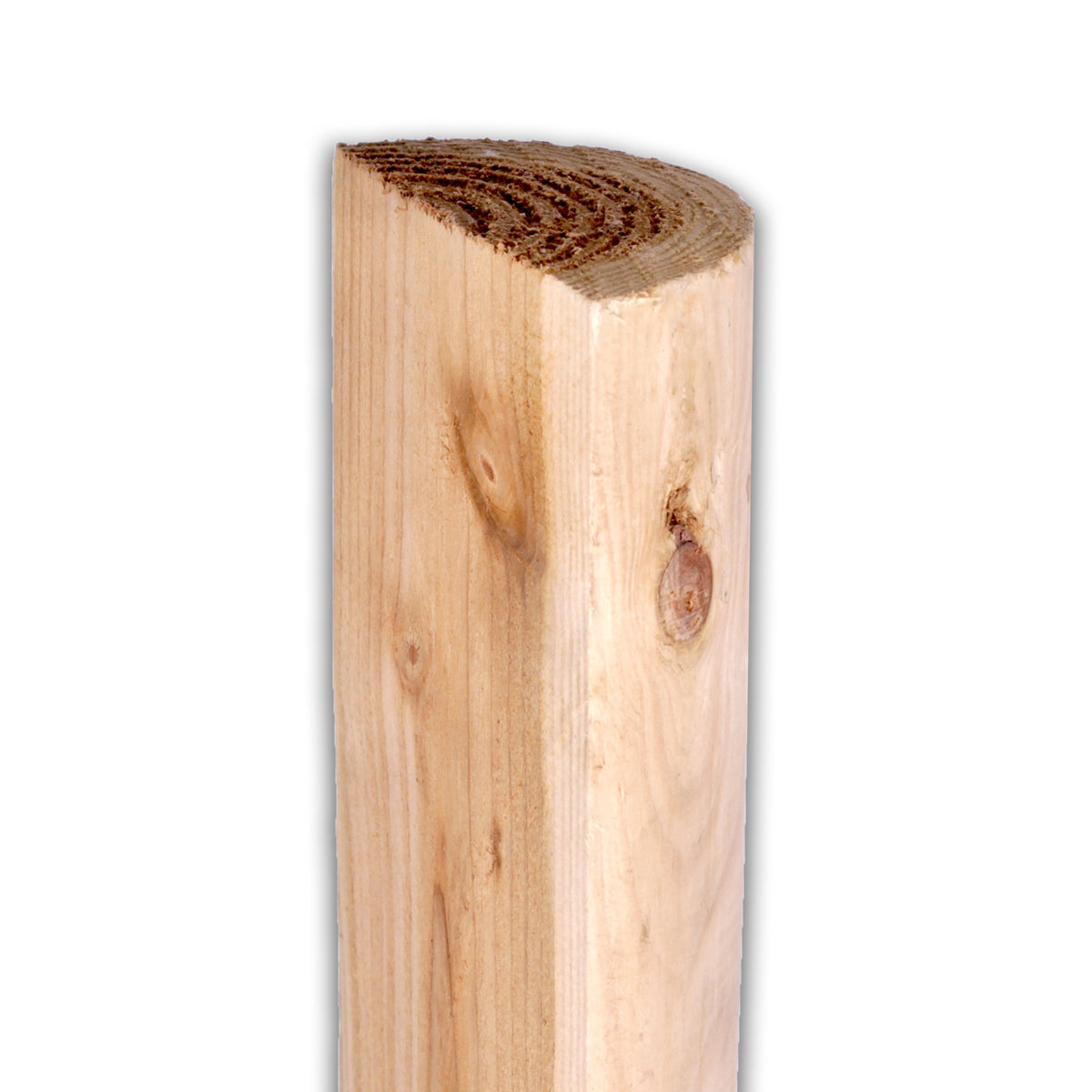Gefräster Halbriegel aus naturbelassenem Holz von der flachen Seite mit Ast, Freisteller
